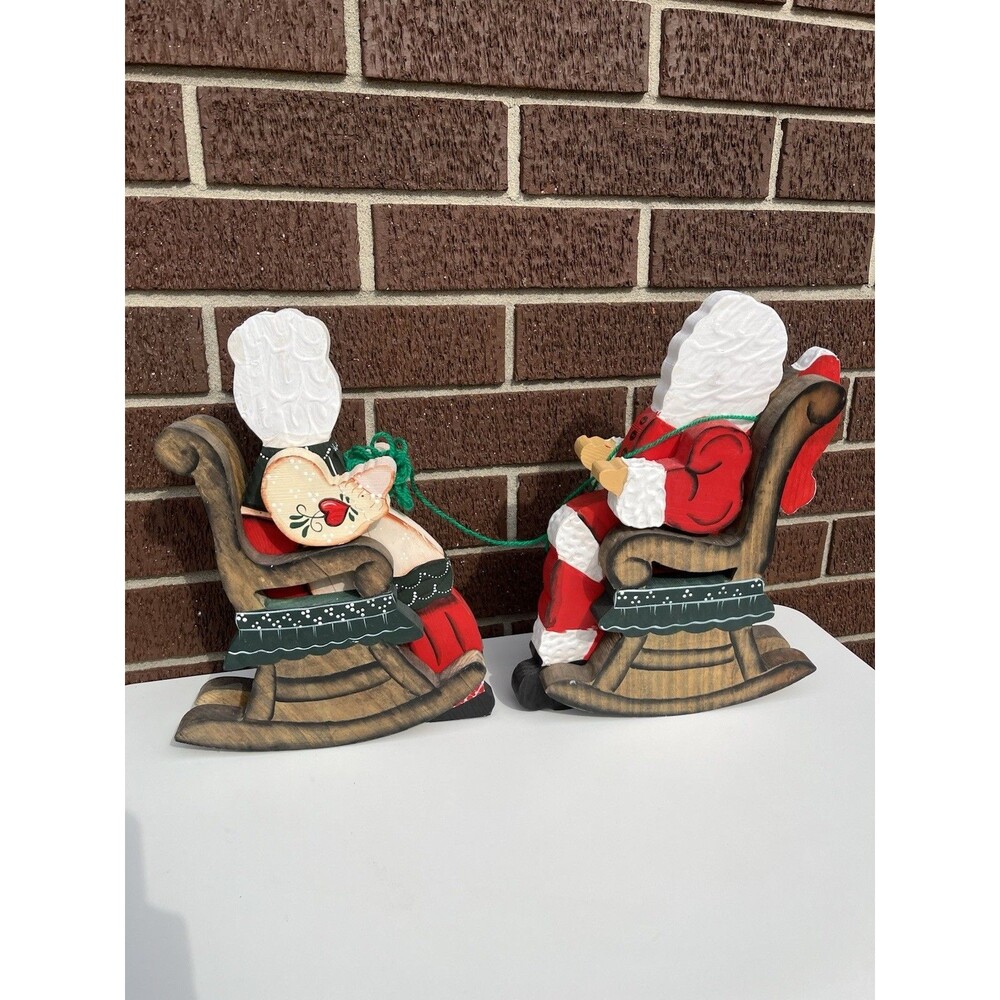 VTG Santa & Mrs Claus Rocking Chairs With Yarn Knitting Wooden Shelf Sitters - Picture 2 of 5